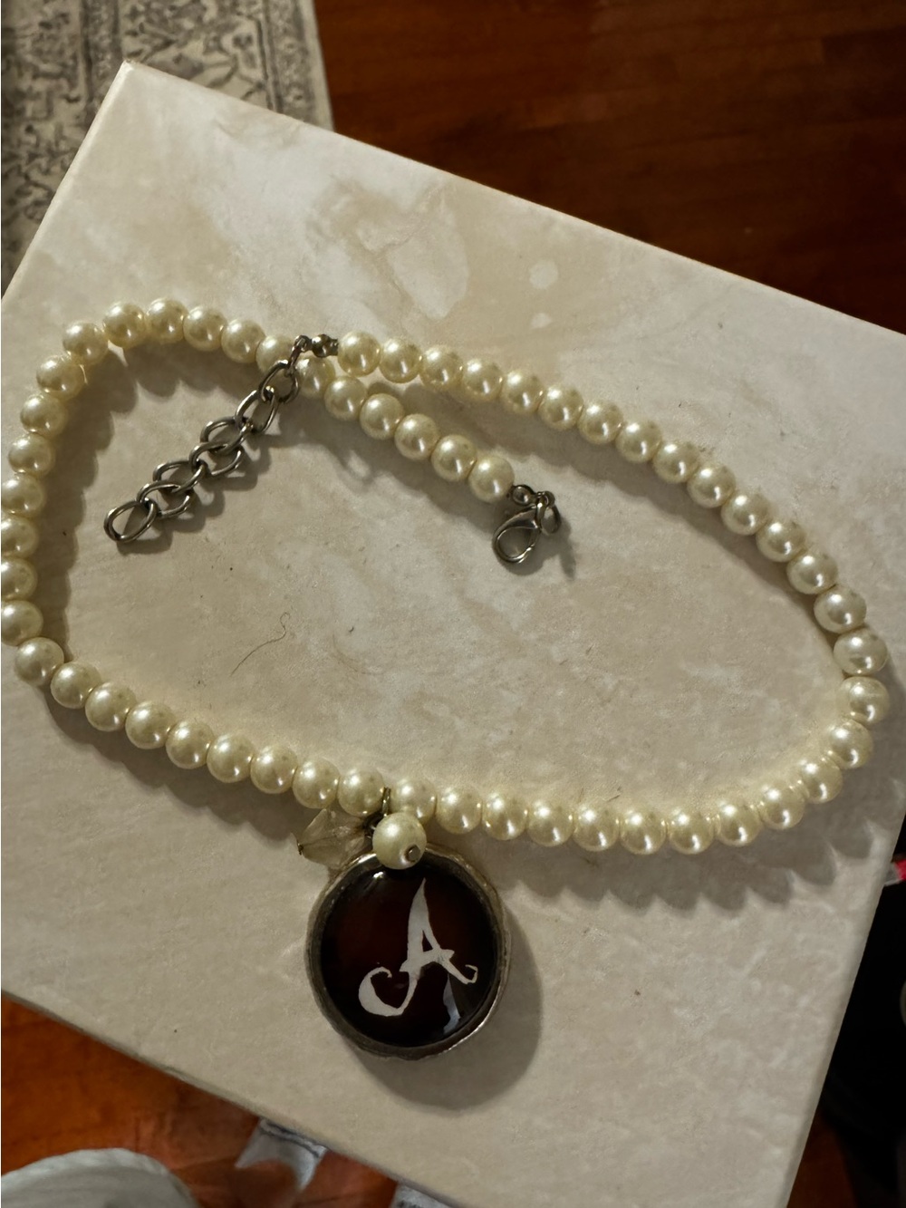Faux Pearl Beaded Choker Necklace with 'A' Monogram Pendant - White